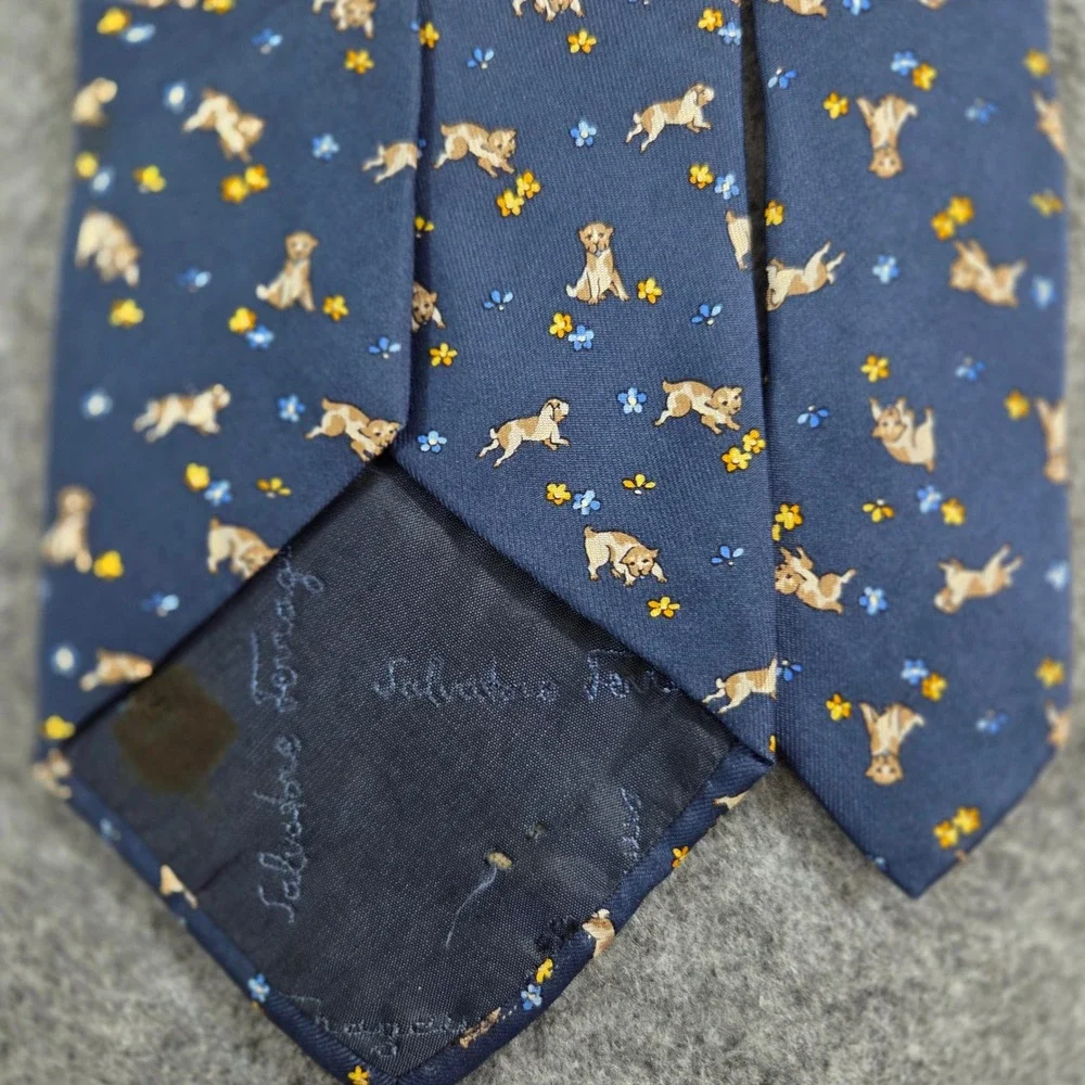 Salvatore Ferragamo Mens Silk Tie Navy Puppy Dog Floral Animal Print Italy